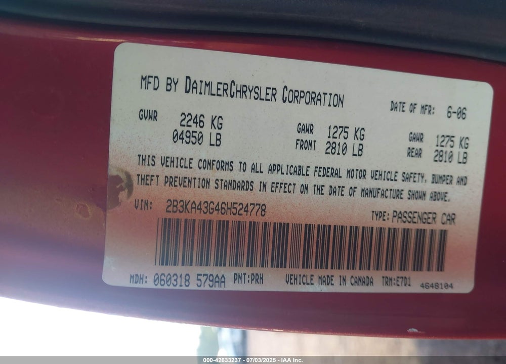 2006 DODGE CHARGER VIN: 2B3KA43G46H524778