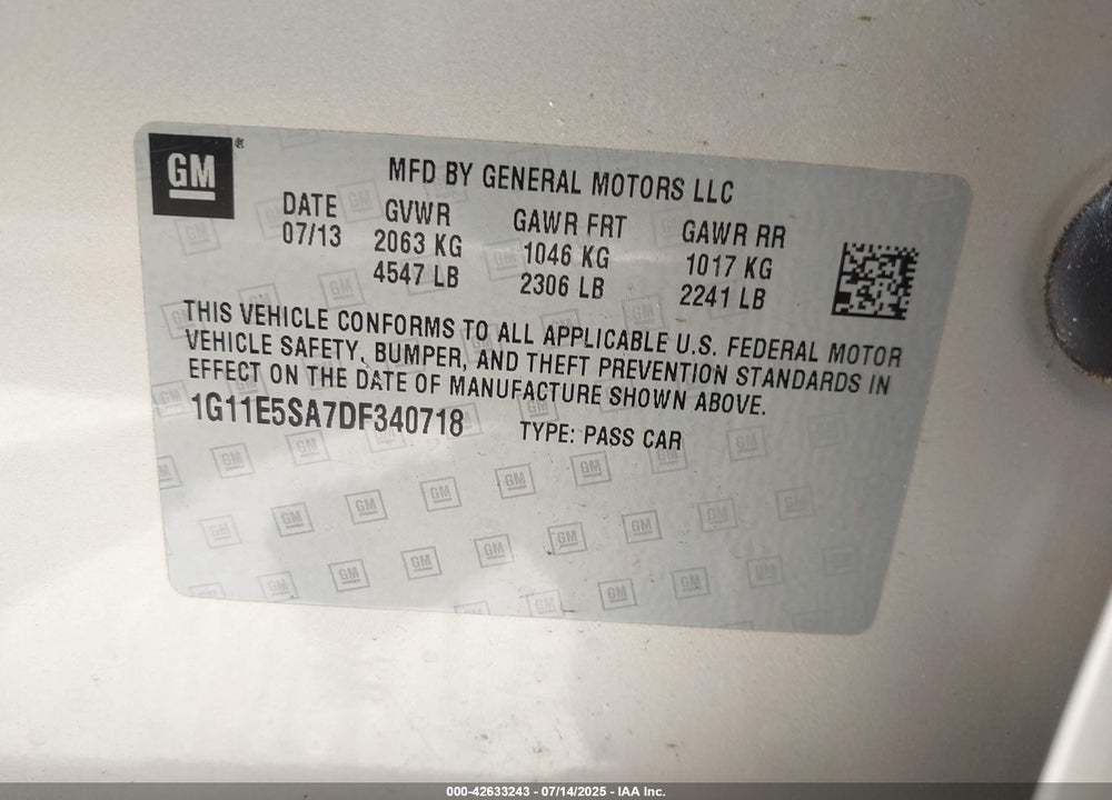 2013 CHEVROLET MALIBU VIN: 1G11E5SA7DF340718