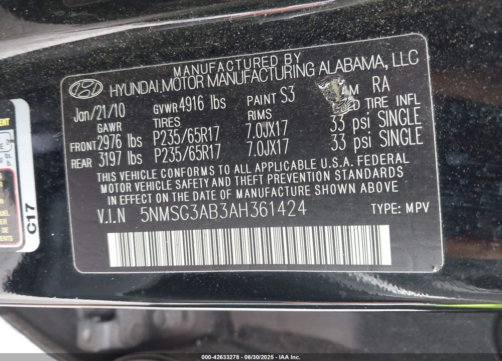 2010 HYUNDAI SANTA FE VIN: 5NMSG3AB3AH361424