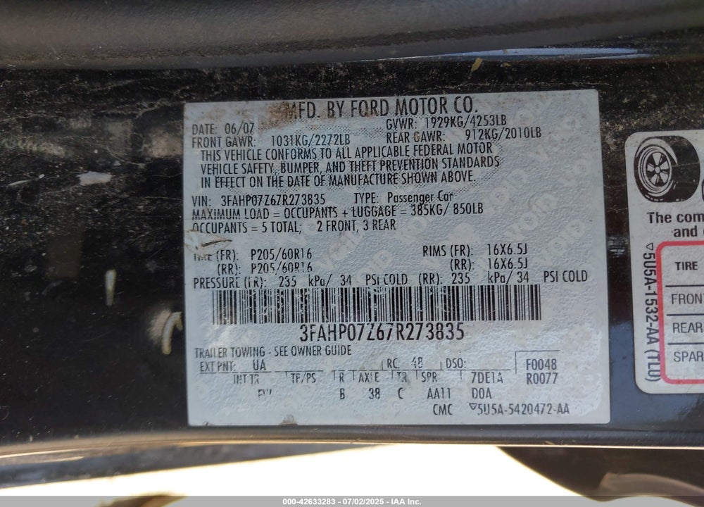 2007 FORD FUSION VIN: 3FAHP07Z67R273835