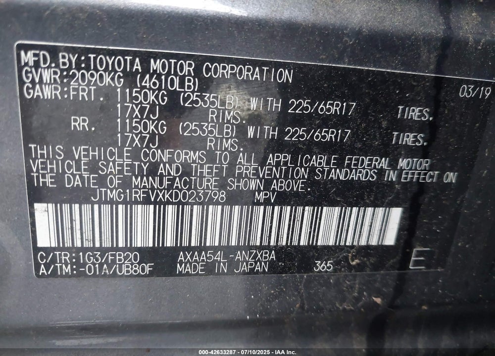 2019 TOYOTA RAV4 LE VIN: JTMG1RFVXKD023798