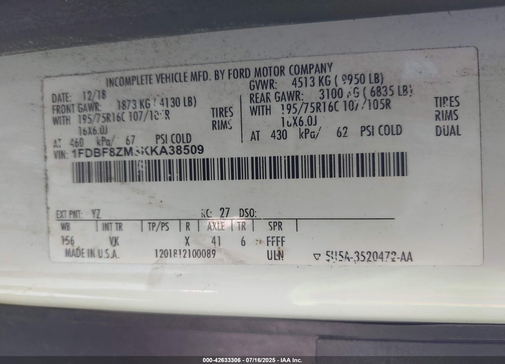 2019 FORD TRANSIT-350 CAB VIN: 1FDBF8ZM8KKA38509