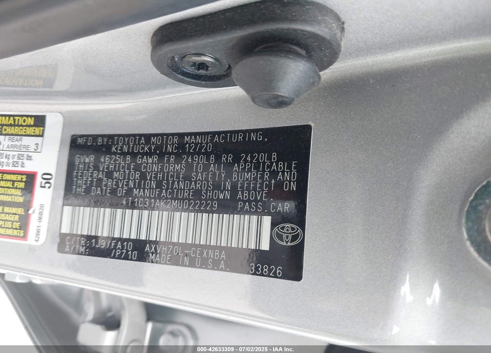 2021 TOYOTA CAMRY VIN: 4T1C31AK2MU022229