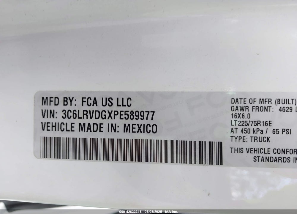 2023 RAM PROMASTER 2500 HIGH ROOF 159 WB VIN: 3C6LRVDGXPE589977