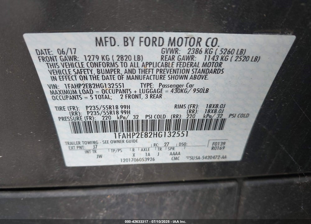 2017 FORD TAURUS VIN: 1FAHP2E82HG132551
