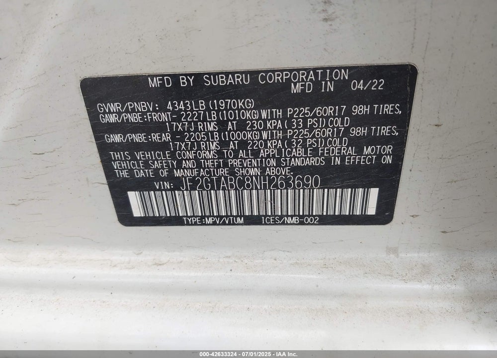 2022 SUBARU CROSSTREK VIN: JF2GTABC8NH263690