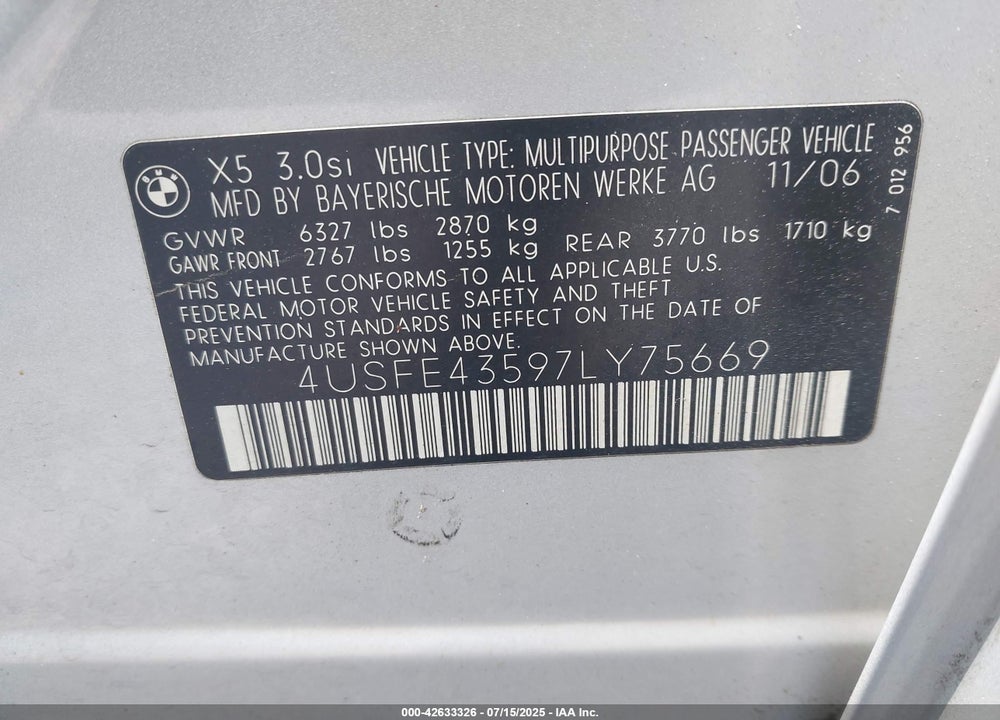 2007 BMW X5 VIN: 4USFE43597LY75669