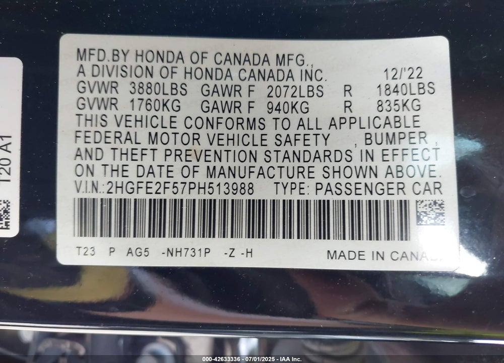 2023 HONDA CIVIC VIN: 2HGFE2F57PH513988