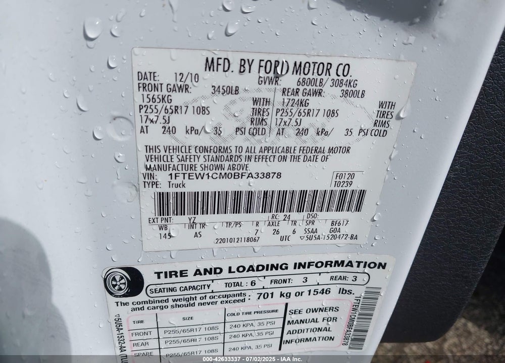 2011 FORD F-150 VIN: 1FTEW1CM0BFA33878