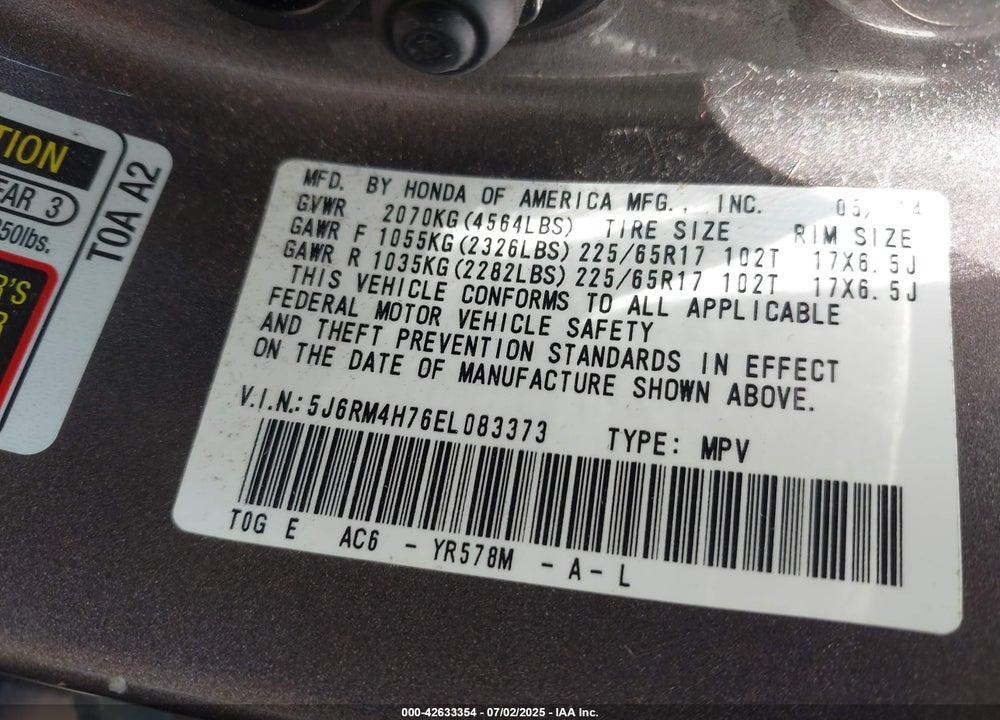 2014 HONDA CR-V VIN: 5J6RM4H76EL083373
