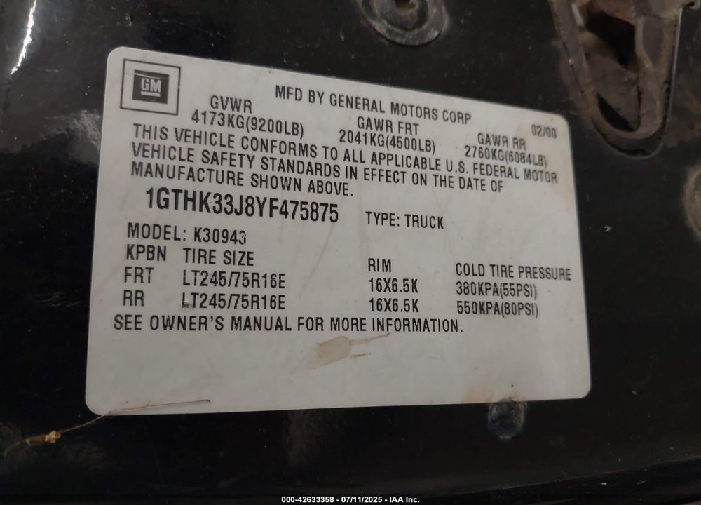 2000 GMC SIERRA K3500 VIN: 1GTHK33J8YF475875