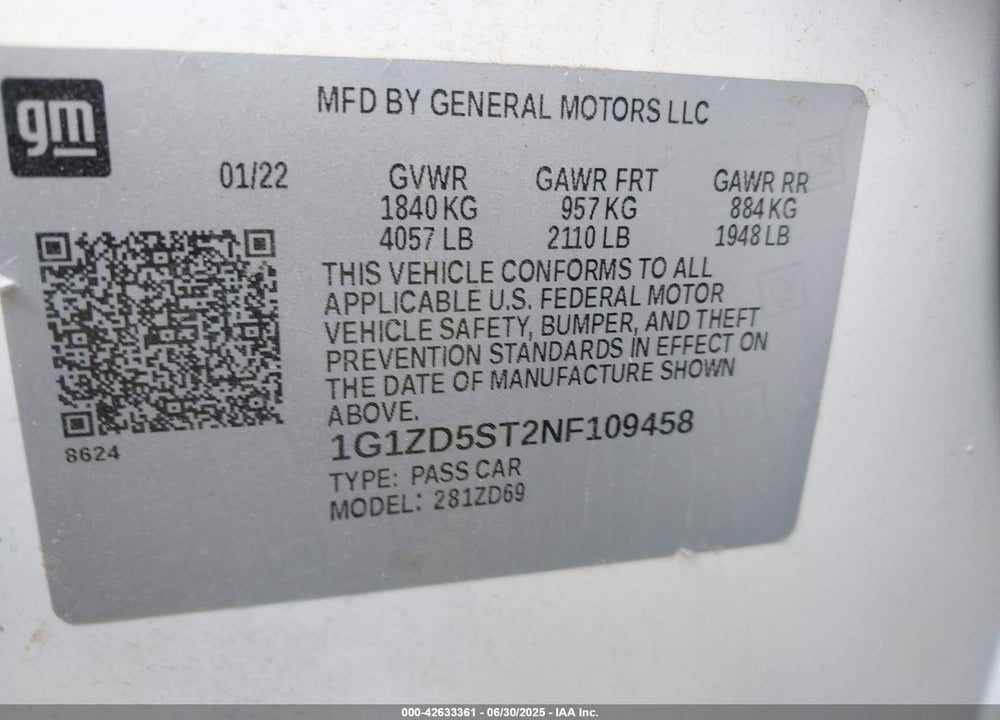 2022 CHEVROLET MALIBU VIN: 1G1ZD5ST2NF109458