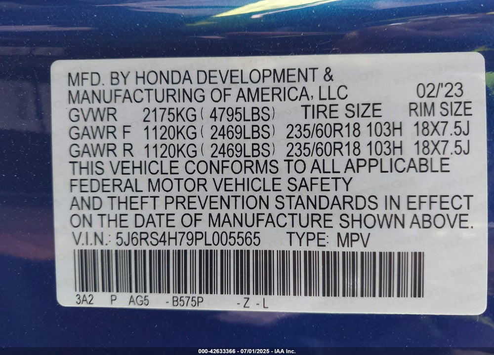 2023 HONDA CR-V EX-L AWD VIN: 5J6RS4H79PL005565