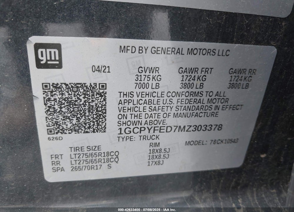 2021 CHEVROLET SILVERADO 1500 VIN: 1GCPYFED7MZ303378