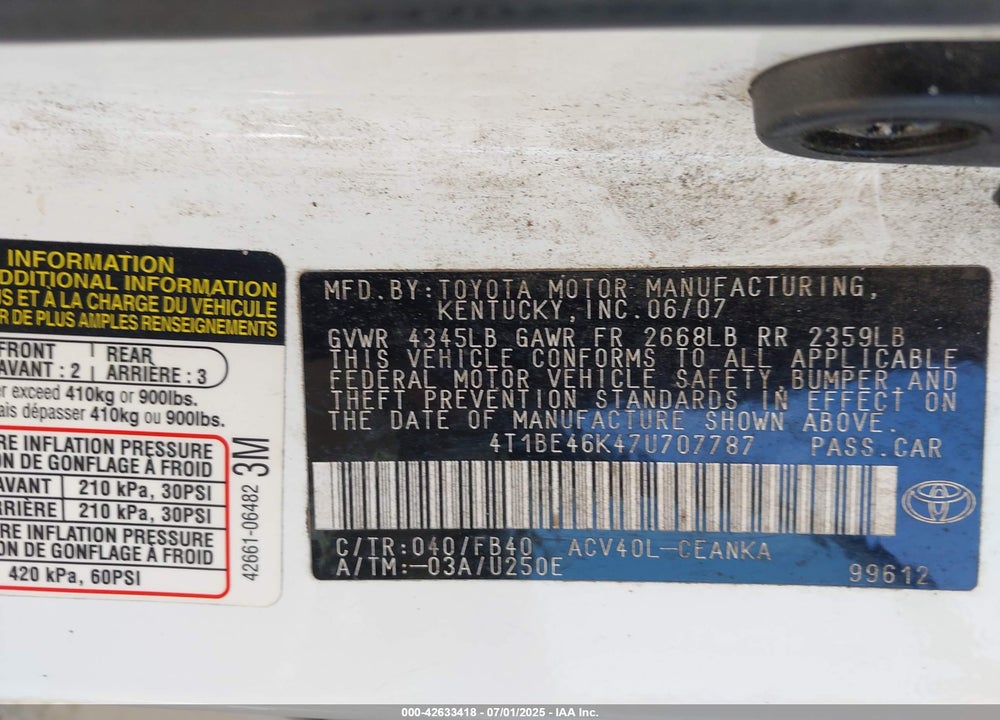 2007 TOYOTA CAMRY VIN: 4T1BE46K47U707787