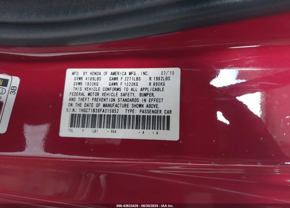 2015 HONDA ACCORD VIN: 1HGCT1B36FA015852