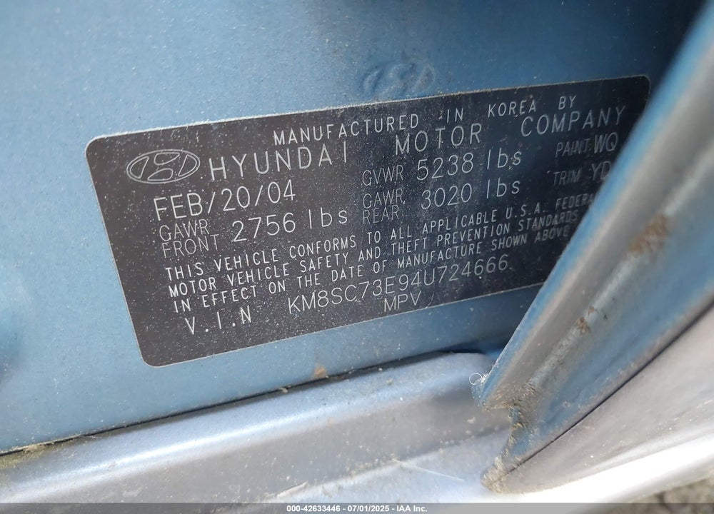 2004 HYUNDAI SANTA FE GLS/LX VIN: KM8SC73E94U724666