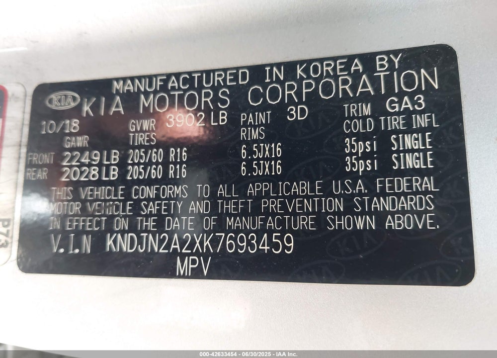 2019 KIA SOUL VIN: KNDJN2A2XK7693459