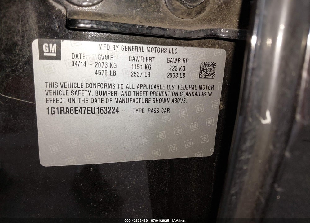 2014 CHEVROLET VOLT VIN: 1G1RA6E47EU163224