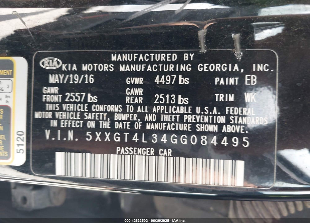 2016 KIA OPTIMA VIN: 5XXGT4L34GG084495