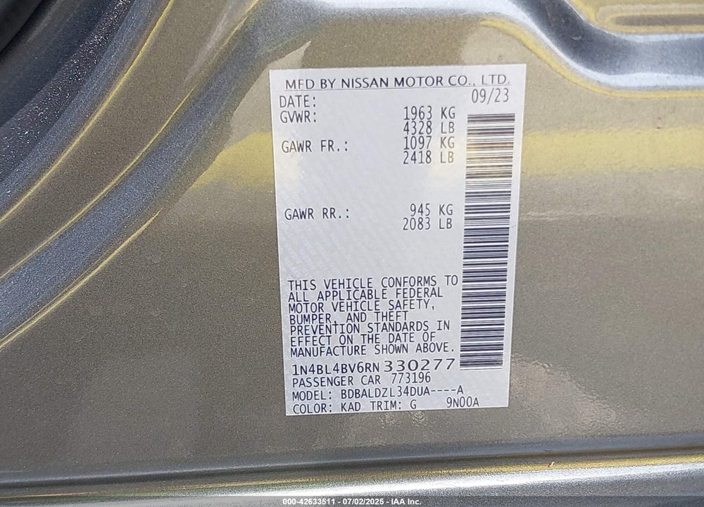 2024 NISSAN ALTIMA VIN: 1N4BL4BV6RN330277