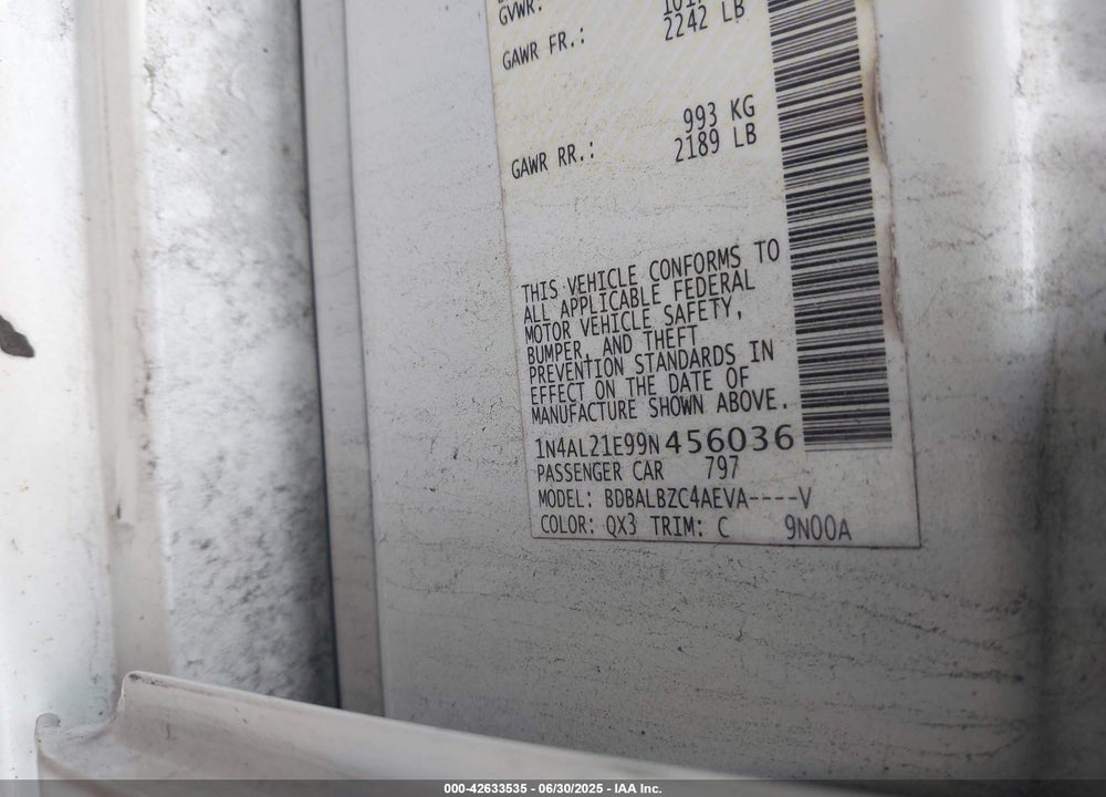 2009 NISSAN ALTIMA VIN: 1N4AL21E99N456036