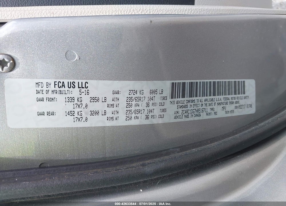 2017 CHRYSLER PACIFICA TOURING VIN: 2C4RC1DG7HR516711
