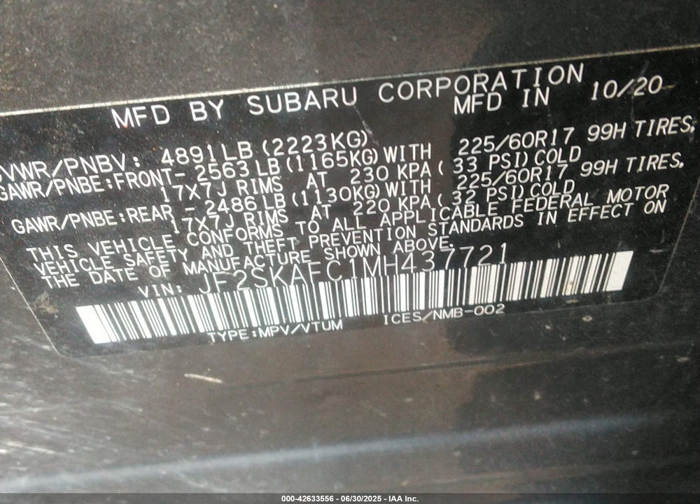 2021 SUBARU FORESTER PREMIUM VIN: JF2SKAFC1MH437721