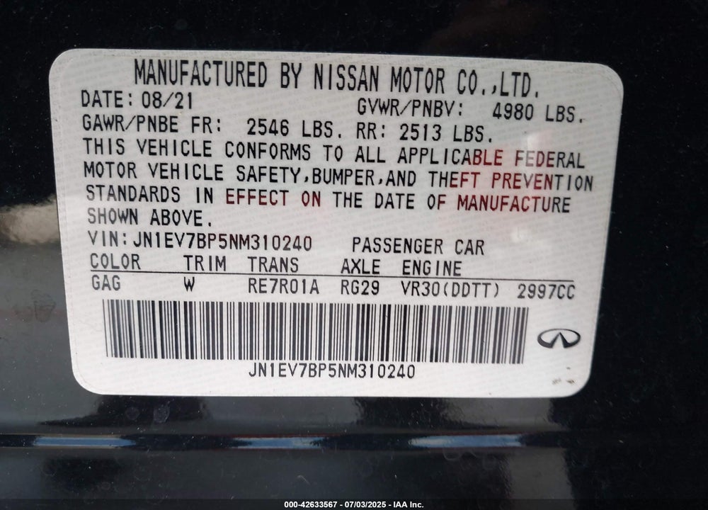 2022 INFINITI Q50 VIN: JN1EV7BP5NM310240