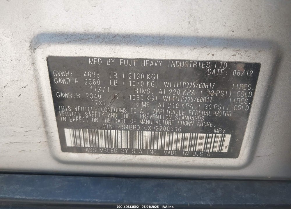 2013 SUBARU OUTBACK VIN: 4S4BRDKCXD2200306