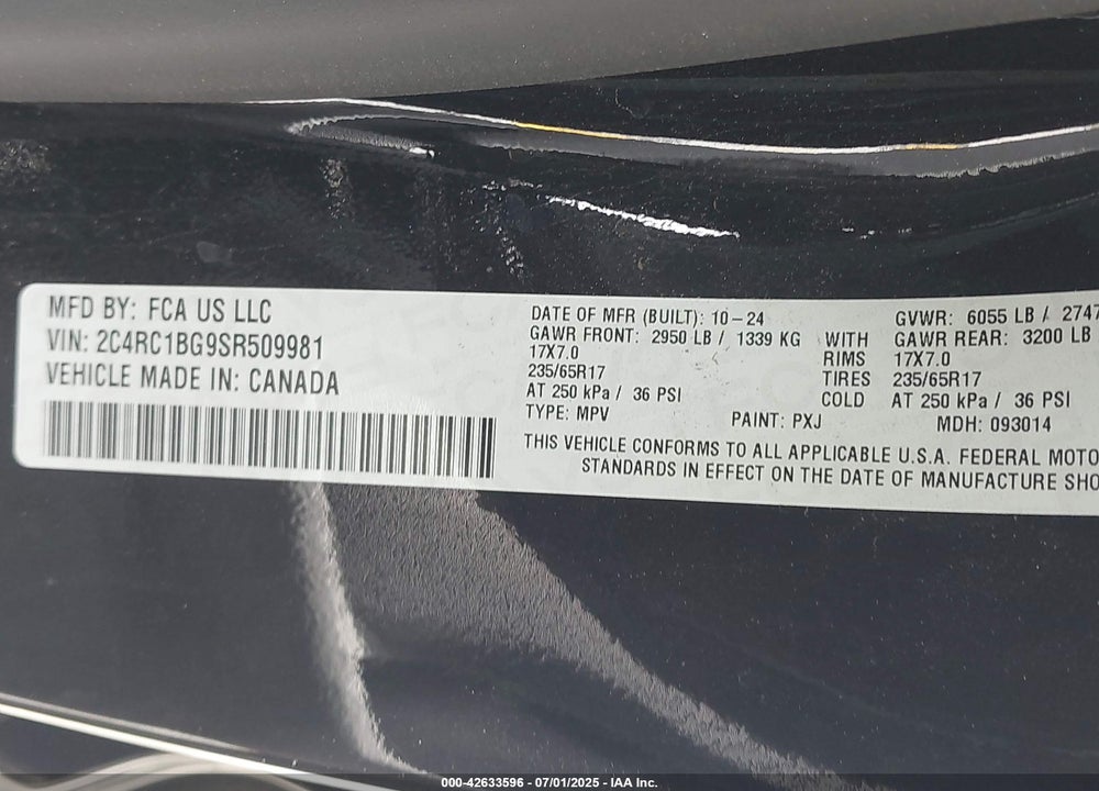 2025 CHRYSLER PACIFICA VIN: 2C4RC1BG9SR509981