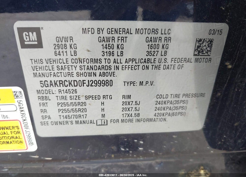 2015 BUICK ENCLAVE VIN: 5GAKRCKD0FJ299980