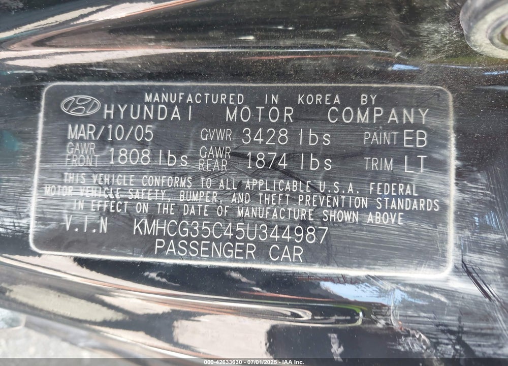 2005 HYUNDAI ACCENT GLS/GT VIN: KMHCG35C45U344987