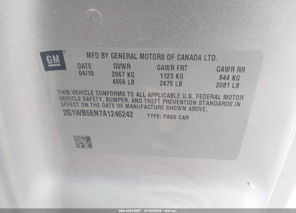 2010 CHEVROLET IMPALA VIN: 2G1WB5EN7A1246242