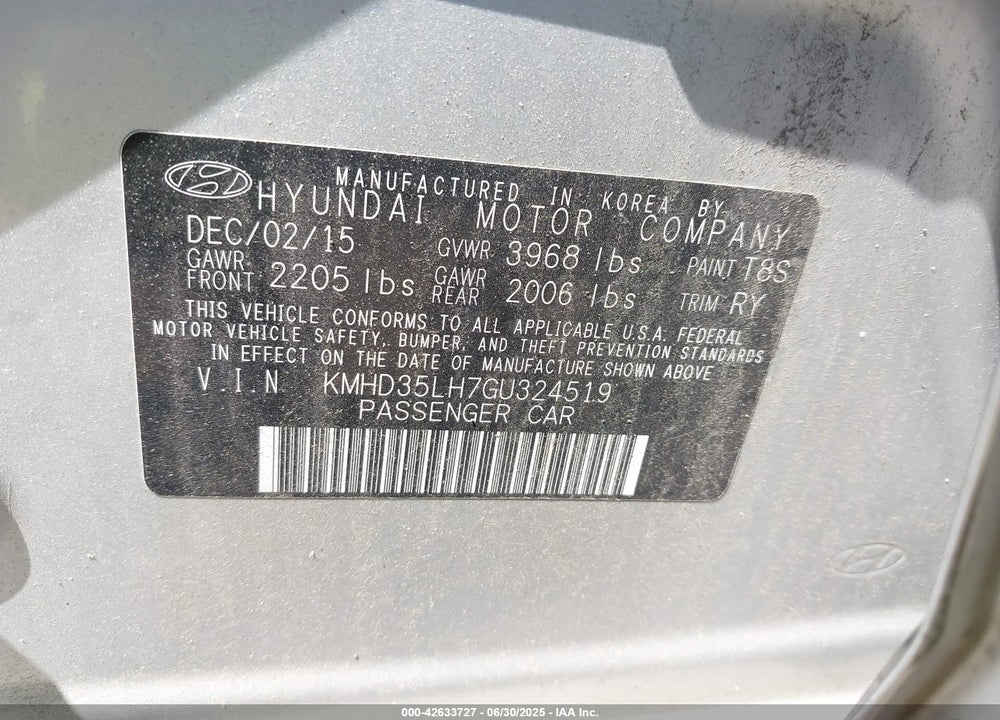 2016 HYUNDAI ELANTRA GT VIN: KMHD35LH7GU324519