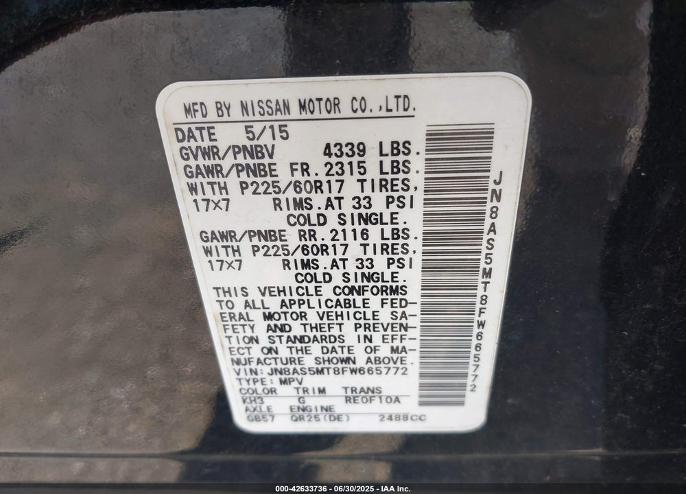 2015 NISSAN ROGUE SELECT S VIN: JN8AS5MT8FW665772