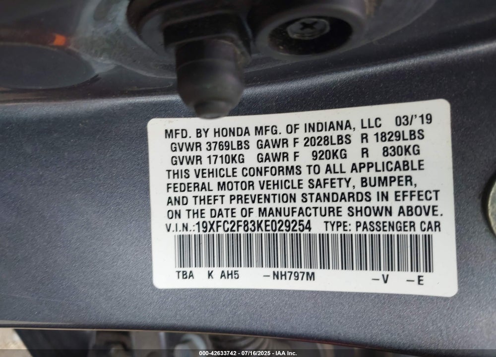 2019 HONDA CIVIC SEDAN VIN: 19XFC2F83KE029254