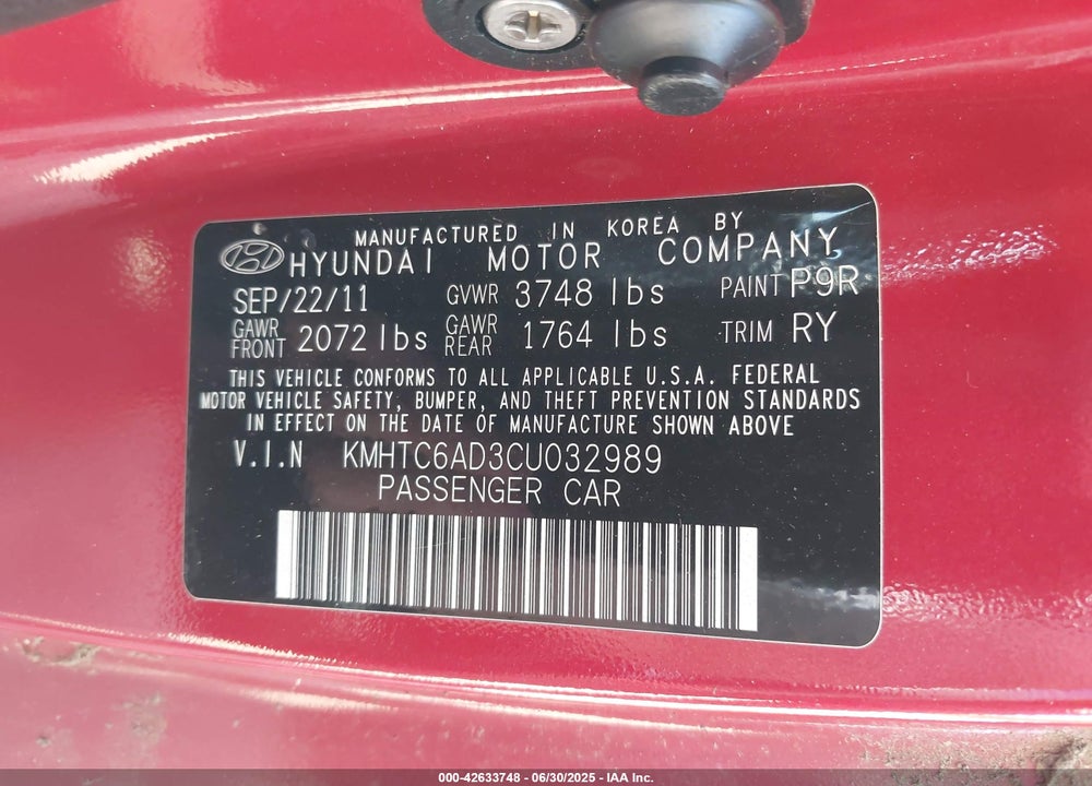 2012 HYUNDAI VELOSTER VIN: KMHTC6AD3CU032989