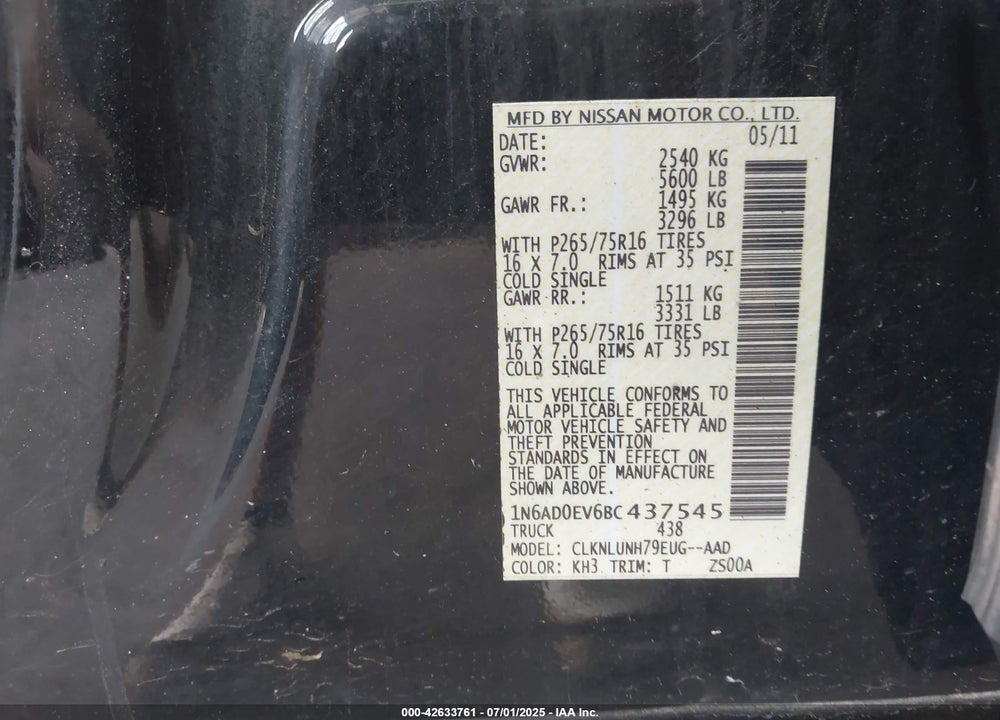 2011 NISSAN FRONTIER VIN: 1N6AD0EV6BC437545