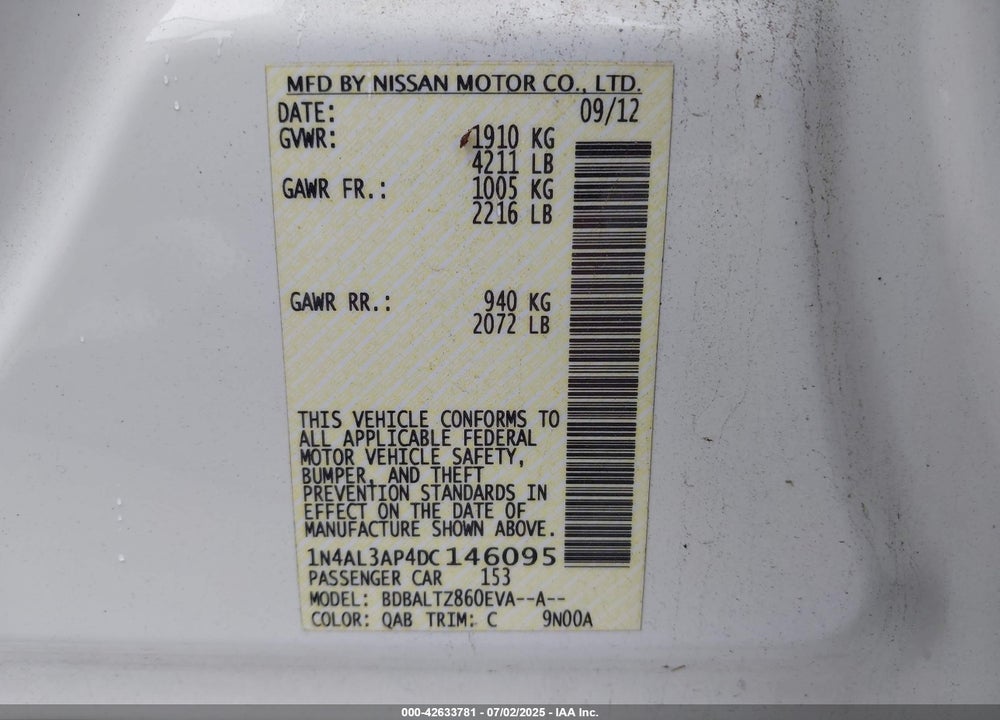 2013 NISSAN ALTIMA VIN: 1N4AL3AP4DC146095