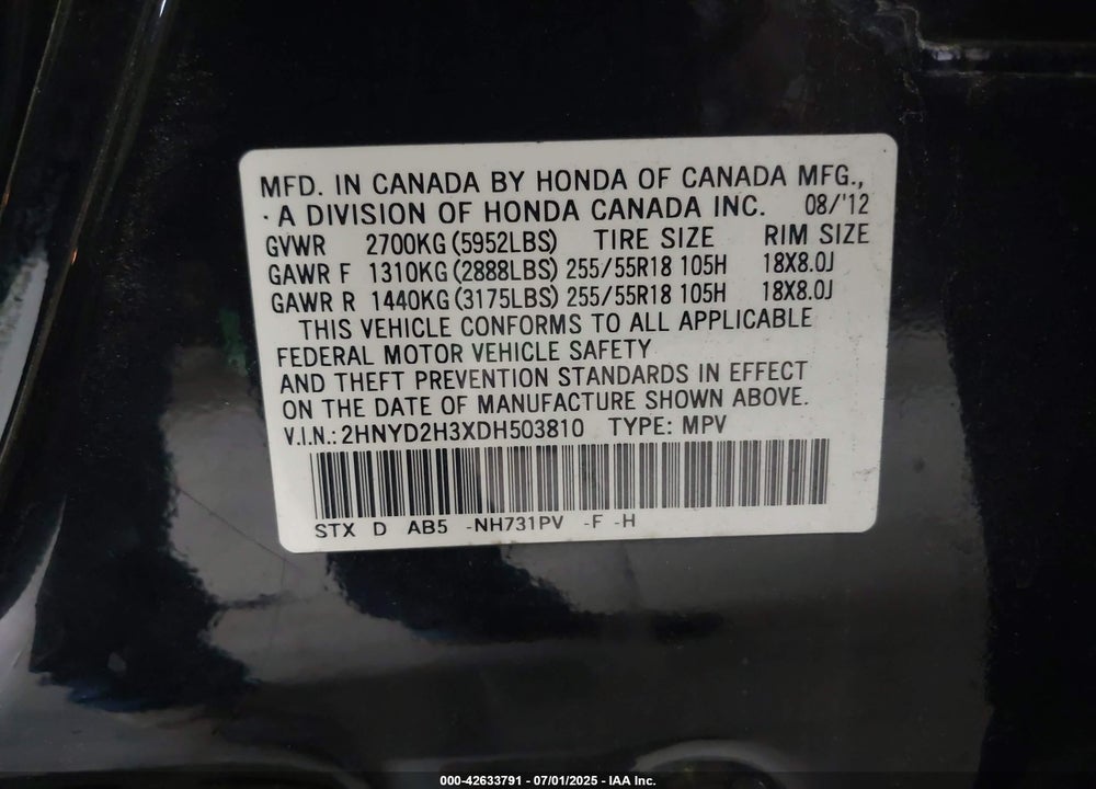 2013 ACURA MDX VIN: 2HNYD2H3XDH503810