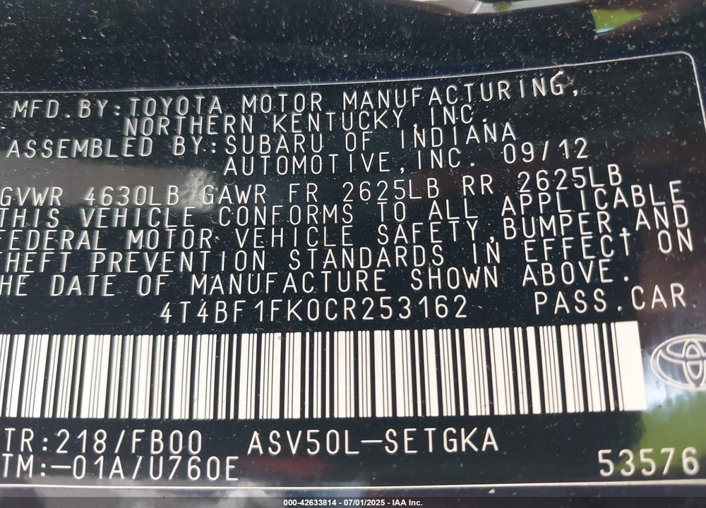 2012 TOYOTA CAMRY XLE VIN: 4T4BF1FK0CR253162