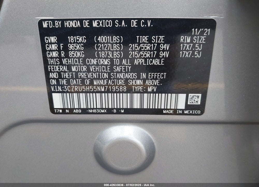 2022 HONDA HR-V VIN: 3CZRU5H55NM719588