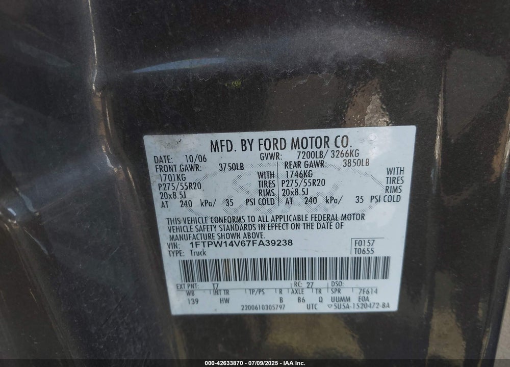 2007 FORD F-150 VIN: 1FTPW14V67FA39238