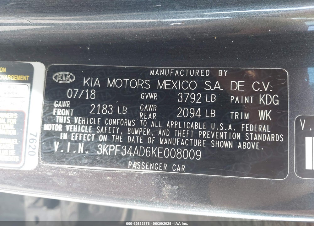 2019 KIA FORTE S VIN: 3KPF34AD6KE008009