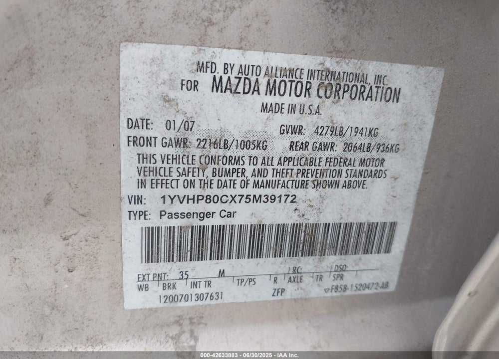 2007 MAZDA 6 I SPORT VE VIN: 1YVHP80CX75M39172