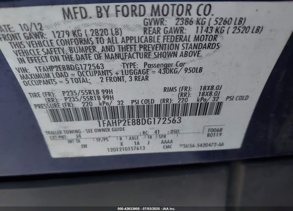 2013 FORD TAURUS VIN: 1FAHP2E88DG172563