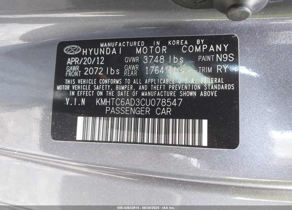 2012 HYUNDAI VELOSTER VIN: KMHTC6AD3CU078547