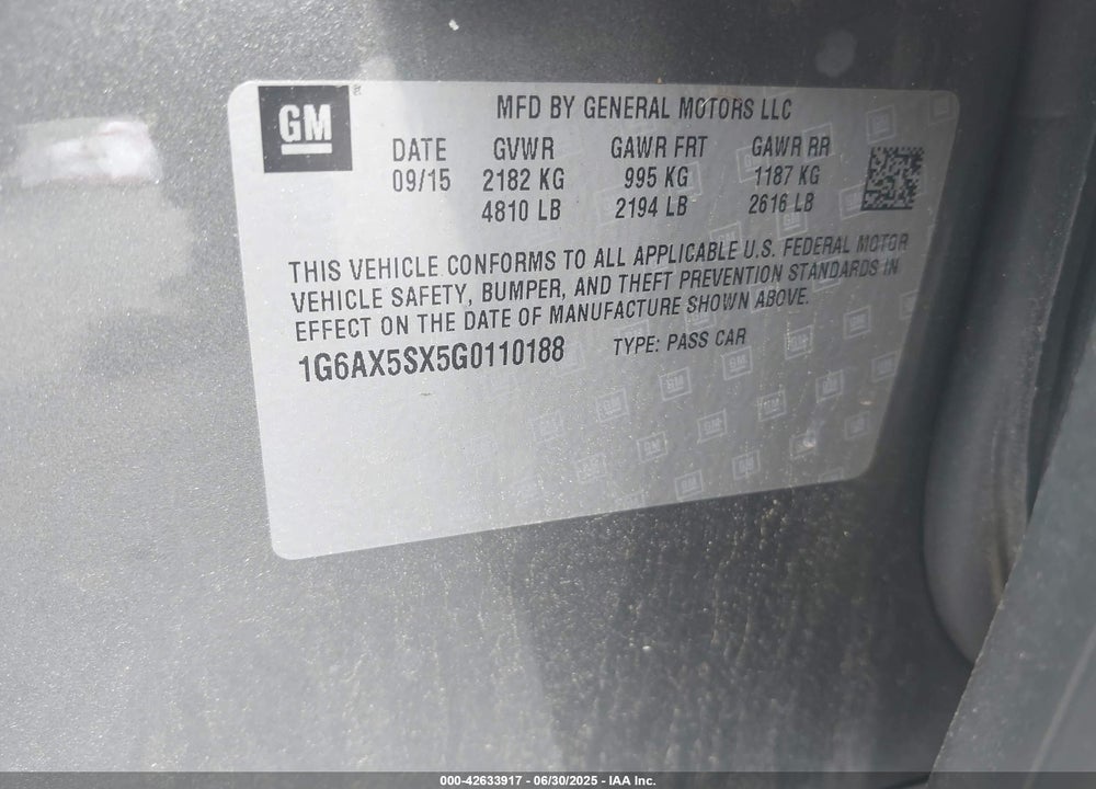 2016 CADILLAC CTS VIN: 1G6AX5SX5G0110188