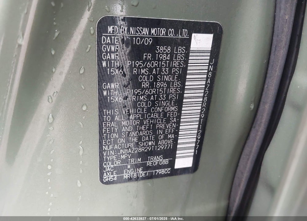 2009 NISSAN CUBE VIN: JN8AZ28R29T129771